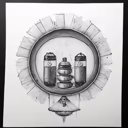 a drawing of three different objects, one is on the table