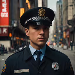 a policeman is standing in the street and looking towards the camera,a police man in uniform is standing on the street