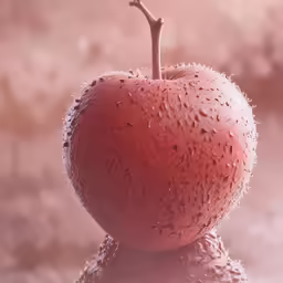 an apple covered in water with a leaf sticking out