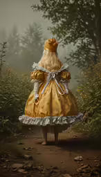 a little girl dressed as a queen standing on a dirt road