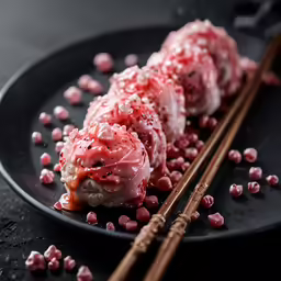 three red cakes on a plate with chopsticks and strawberries