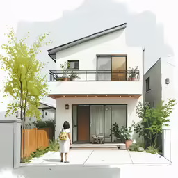 an architectural drawing of a woman walking into the back of a house