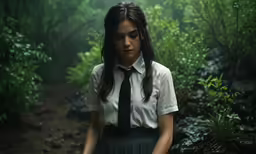 a young woman in a shirt and tie looks at something