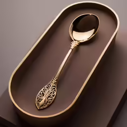 a golden spoon in a gift box next to a spoon