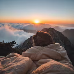 a person sitting in front of the mountains