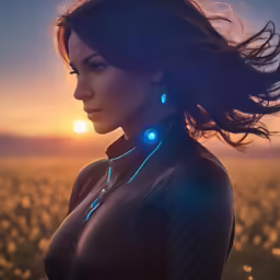 a woman wearing glow headphones in front of a sunset