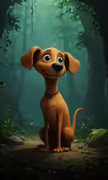 a dog with a collar is in the middle of the woods