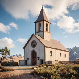 the church has a steeple with a clock on it
