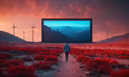a man stands in a red flowered field with a large screen in the distance,a person walking down a dirt path near an open screen