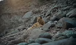 a lion resting on rocks in the middle of a mountain