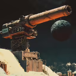 a telescope sits on top of some snow near a ball