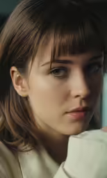 woman with dark smoky eyes, wearing white top looking to the side