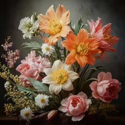 flowers of various varieties and colors sit in a vase