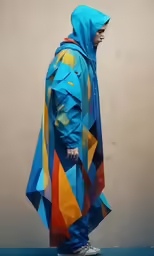 a man wearing a blue hooded jacket with geometric prints on it