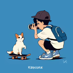 cartoon illustration of a kid on a skateboard next to a cat
