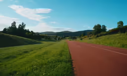 a view from a vehicle shows a straight road and green hills