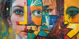 colorful image of face with large eyes and a multi - colored frame of images