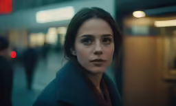 a woman is standing in the rain and looks at the camera