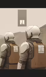 two people wearing helmets and vests look out over a desert landscape