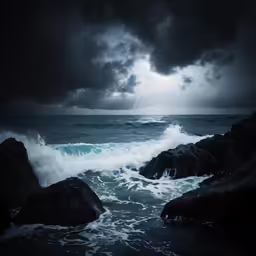 some large rocks in the water with a big ocean