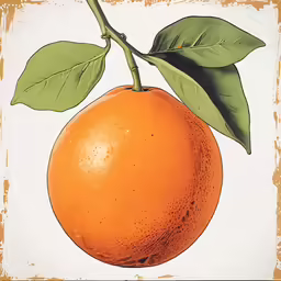 this is an illustration of a red orange with green leaves on it
