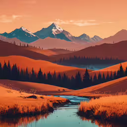 mountains with tall grass, trees, and a river in the foreground,an image of a scenic landscape