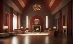 an elegant living room with red walls and light wood floor