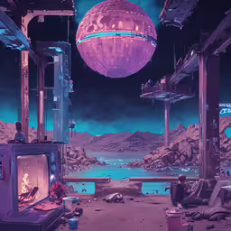 there are people sitting at a television in the dark,a sci - fic environment with huge, large, giant balls