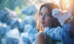 a young woman wearing a blue shirt posing next to rocks