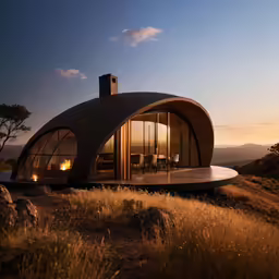 the exterior of a round home sits on top of a hill with large glass windows