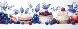 a painting of fruit with cupcakes and berries