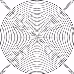 an empty target with a pair of scissors and a line drawing,a drawing of a spinning wheel in an open circle,four arrows in a circle drawn by hand,a drawing of arrows on the center of a circle with two crossed arrows on it,a target with arrows and other points of view
