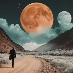 man walking on a road in front of a huge moon