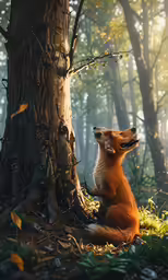 a fox is sitting in the grass by the tree