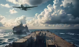 the plane flies over a ship in the ocean