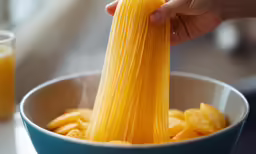 someone is taking a spaghetti out of a bowl