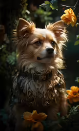 a photograph of a dog in the forest