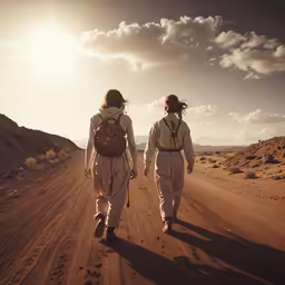 two people wearing white walking down a dirt road