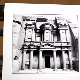 a framed photograph of an old building with columns