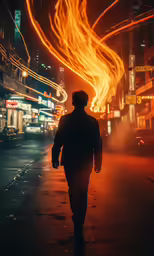 a person walking down a street as light streaks glow from buildings