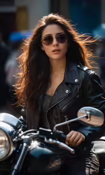 a woman wearing sunglasses is sitting on a motorcycle