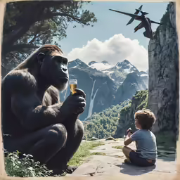 a boy and a gorilla are sitting together