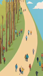 people are walking down the path between trees,the crowd of people walk up the path to their destination