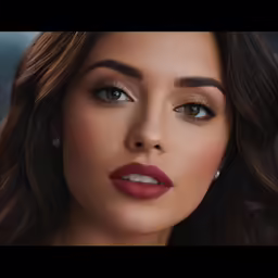 a woman with brown hair is wearing red lipstick and a white pearl necklace
