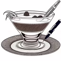a pencil drawing of a drink and a pen on a plate,a drink in a glass filled with ice