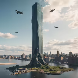 an island with three jet planes flying near it