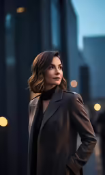 a woman posing for a portrait wearing a black suit and coat