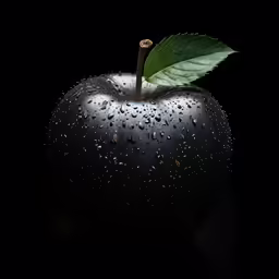 an apple with water droplets and a green leaf