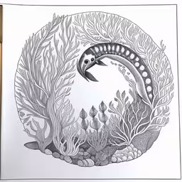 a drawing with a sea animal in it,a black and white drawing of a fish in the middle of a sea weed circle