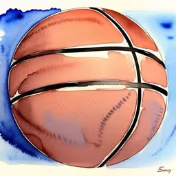 watercolor drawing of a basketball on white paper,an image of a watercolor of a basketball ball,a basketball painted in watercolors and ink,a basketball in the middle of the air with blue and white paint,a basketball sitting on top of a blue surface
